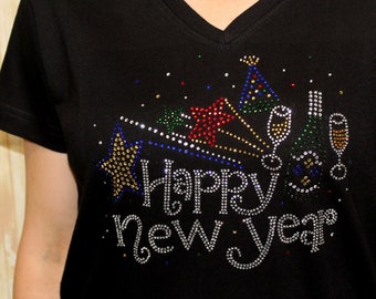 Rhinestone New Year Bling V-Neck Ladies Shirt