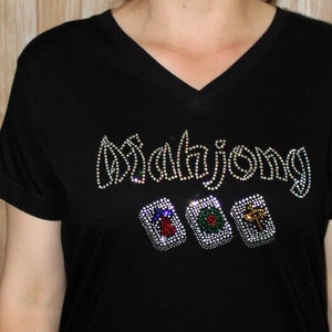 NEW!! Rhinestone Mahjong Bling V-neck T shirt