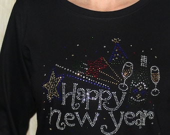 Rhinestone Happy New Year Bling Longsleeve Ladies Shirt Holiday Tee