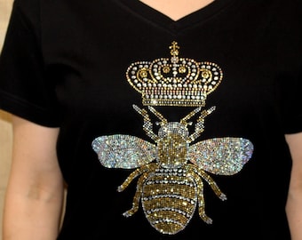 Rhinestone Queen Bee Ladies V-NECK Shirt, Gold Crown Crystals, Bee Shirt,  Bee Tee, Gift Shirt, Bling T-Shirt