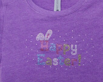 Girl's Happy Easter Rhinestone Princess Style Tee- Youth Easter Shirt-Easter Attire for children-