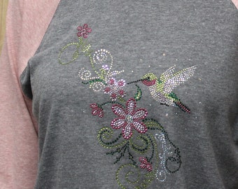 Rhinestone Hummingbird PInk with Flowers and Swirls Bling Raglan Unisex Shirt for Ladies