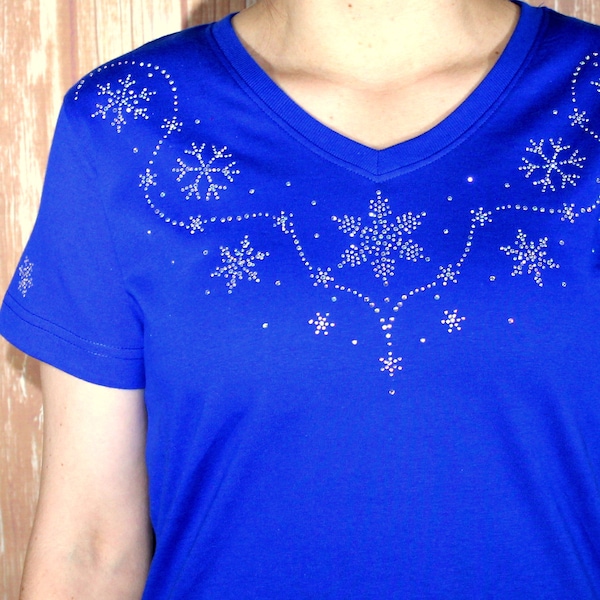 Rhinestone Snowflake Bling Holiday Winter Christmas Ladies V-Neck Shirt