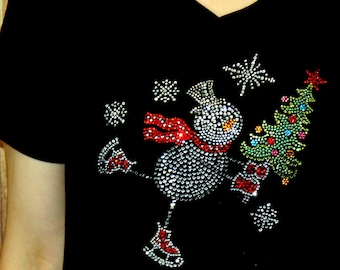 Rhinestone Skating Snowman Holiday Shirt Bling Ladies V-neck T shirt