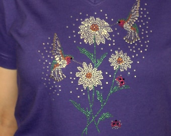 Rhinestone Hummingbird with Daisy Flowers and Ladybugs Ladies V-Neck Bling T-Shirt