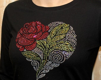 【emis】HEART RHINESTONE T-SHIRT Womens T-Shirt Rhinestone Bling Black Tee I Love Me Red