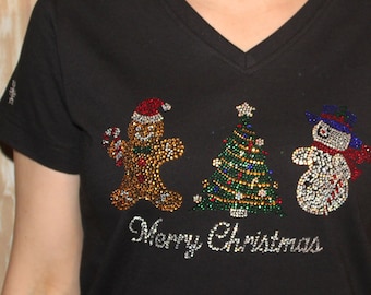 Rhinestone Merry Christmas Tree Snowman Gingerbread Holiday Shirt Bling Ladies V-neck T shirt