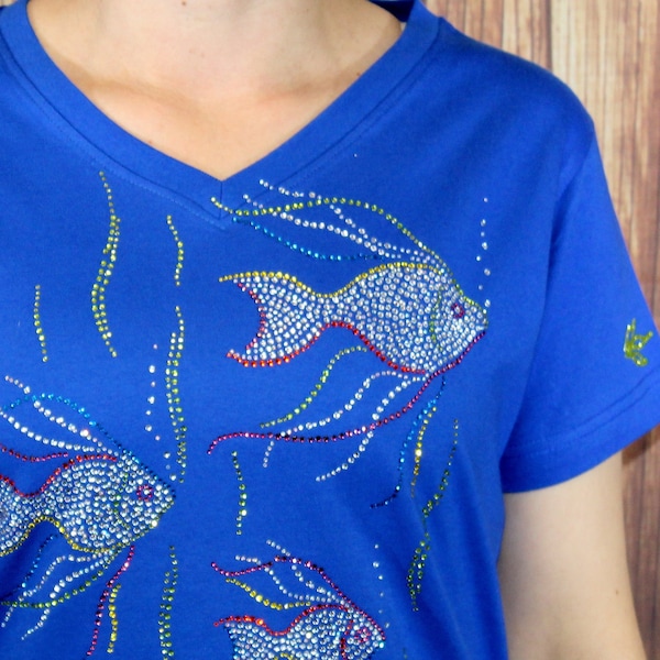 Rhinestone Bling Angel Fish Ladies Royal Blue V-Neck Vacation Beach Fun Shirt
