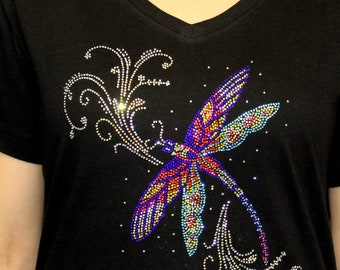 Colorful Rhinestone DragonflyBling V-neck Ladies T shirt Gift for her, Mother's Day, Grandmother, Grandma, Nana, Glammy Bling Tee, Birthday
