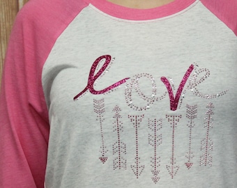 Rhinestone Bling Vinyl Love with Arrows Pink Raglan Unisex Shirt for Ladies