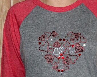 Rhinestone Heart of Heart Bling Valentine Red or Pink V-neck Ladies T ...