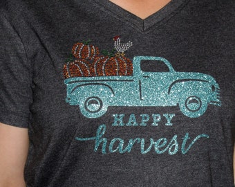 Happy Harvest Vintage Turquoise Truck with Rhinestone Pumpkins and Chicken Rhinestone Holiday Tee Bling V-neck Fall Thanksgiving Autumn