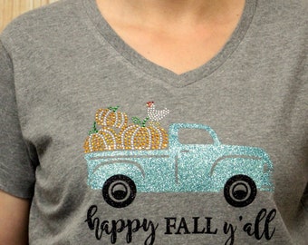 Happy FALL y'all Vintage Turquoise Truck with Rhinestone Pumpkins and Chicken Rhinestone Holiday Bling  Tee V-neck Fall Thanksgiving Autumn