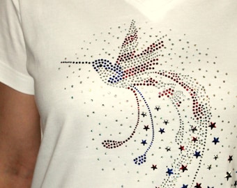 Patriotic Hummingbird  White V-neck Ladies T shirt Memorial Day Independence Day 4th of July