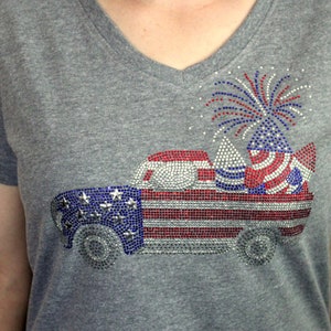 Patriotic Rhinestone Flag Truck with Fireworks Bling V-neck Ladies T shirt Memorial Day Independence Day 4th of July USA Shirt