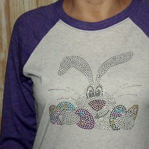Rhinestone Bling Bunny Easter Egg Purple Raglan Unisex Shirt for Ladies image 1