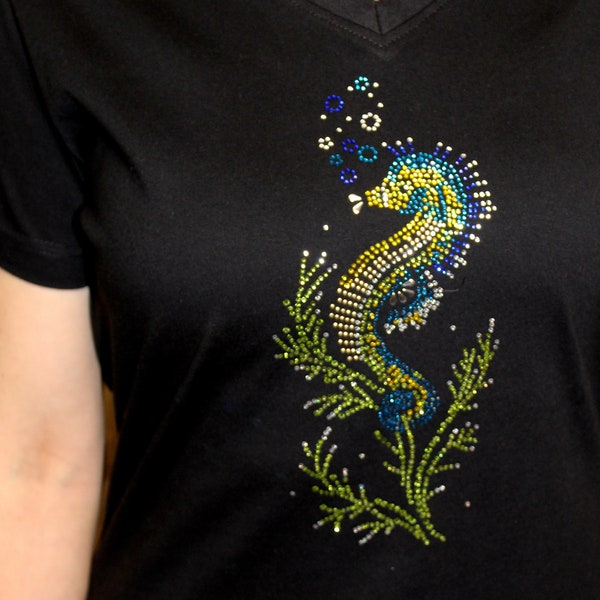 Rhinestone Seahorse Sea Fun Bling Ladies V-Neck T-Shirt Cindy's