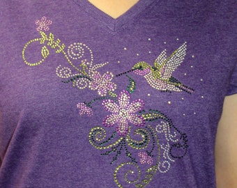 Rhinestone Hummingbird and Flowers Bling V-neck Ladies T shirt, Gift for her,Mother's Day,Grandmother,Grandma,Nana,Glammy Bling Tee,Birthday