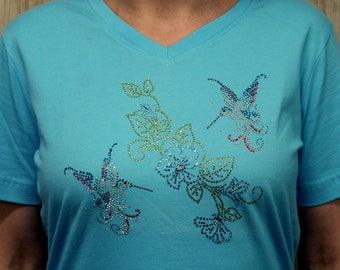 Blue and Red Small Rhinestone Hummingbirds with Blue Flowers on Aqua Ladies V-Neck Bling Tee, Mother's Day Gift, Birthday Gift for Grandma