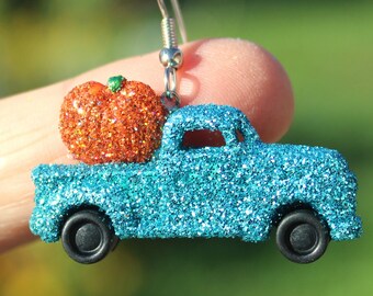 Bijoux vintage camion bleu turquoise avec citrouille d'automne Thanksgiving rétro paillettes boucles d'oreilles