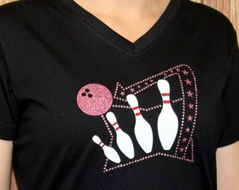 3X Retro Bowling T-Shirt With Pink Rhinestone and Vinyl Glitter Women's V-neck T shirt Tee Team Bowling Shirts