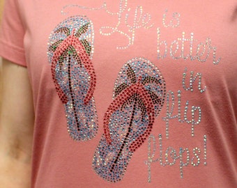 Rhinestone Life is Better in Flip Flops!  Flip Flop Beach Vacation Bling V-neck Ladies T shirt