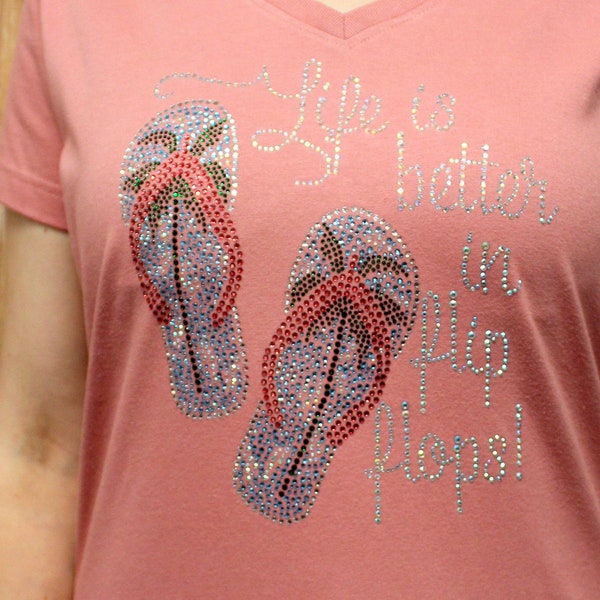 Rhinestone Life is Better in Flip Flops!  Flip Flop Beach Vacation Bling V-neck Ladies T shirt