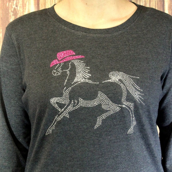 Rhinestud Horse with Glitter Pink Hat Long Sleeve T shirt