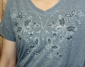 Rhinestone Butterfly of Butterflies on Gray Ladies V-Neck Bling Shirt