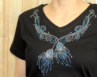 Rhinestone Turquoise Blue and Clear Rhinestone Feathers and Swirls Southwestern Spring Summer Bling Ladies V-Neck Shirt