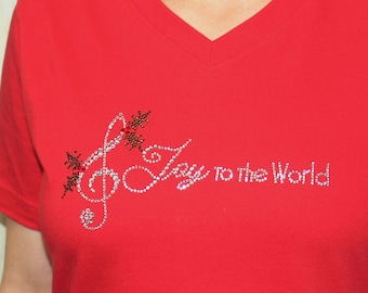 Joy to the World Music Musical Jesus Christian Christmas Ladies Rhinestone Bling V-Neck Shirt Tee