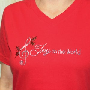 Joy to the World Music Musical Jesus Christian Christmas Ladies Rhinestone Bling V-Neck Shirt Tee image 1