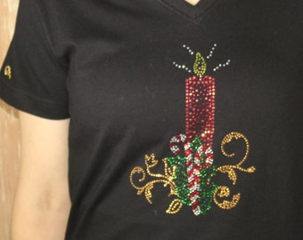 Rhinestone Christmas Candle Light Candlelight Candy cane Christmas Eve Holiday Bling Ladies V-Neck Shirt