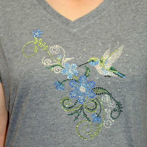 NEW! Rhinestone Blue Hummingbird and Flowers Bling V-neck Ladies T shirt