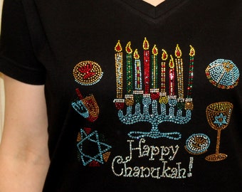 Rhinestone Chanukah Hanukkah Menorah Bling V-Neck Ladies Shirt