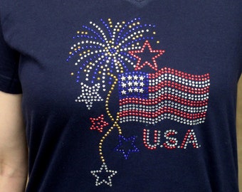 Rhinestone Patriotic Firework USA American Flag  Bling Navy V-neck Ladies T shirt
