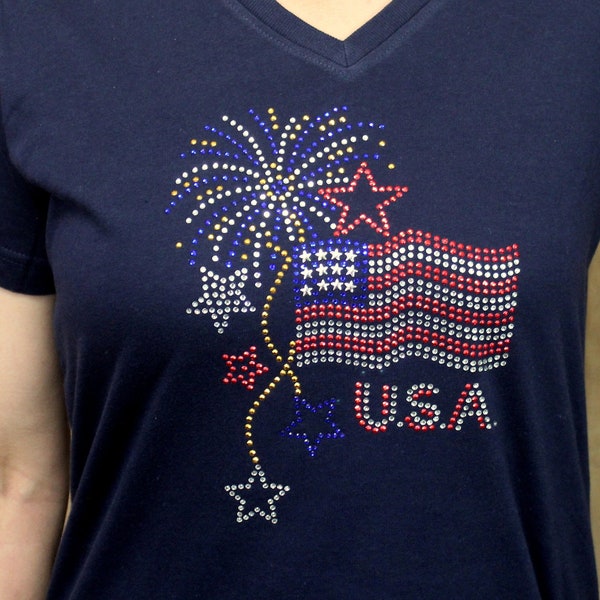 Rhinestone Patriotic Firework USA American Flag  Bling Navy V-neck Ladies T shirt