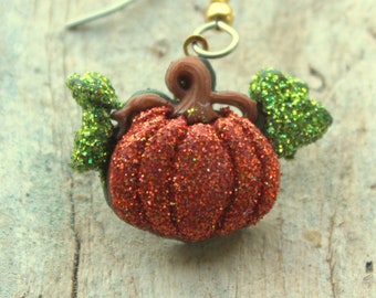 Pumpkin with Leaves Thanksgiving Fall Autumn Pumpkins Earrings Glittered Holiday Jewelry Bling