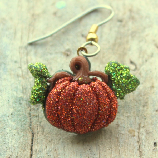 Pumpkin with Leaves Thanksgiving Fall Autumn Pumpkins Earrings Glittered Holiday Jewelry Bling