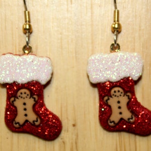 Christmas Stocking Gingerbread Man Christmas Tree Holiday Earrings Glittered and Bling image 1