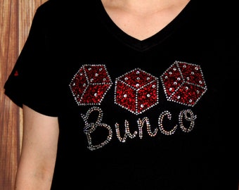 Rhinestone Bunco Bunko Red Dice Bling Ladies V-Neck T-Shirt