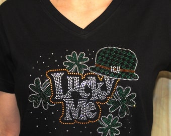 Rhinestone Shamrock Lucky Me St Patrick's Patty Day Irish Bling Ladies V-Neck Shirt