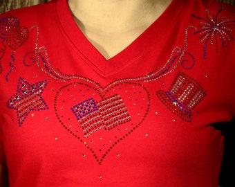 Rhinestone Patriotic Fourth of July Bling V-neck Ladies T shirt