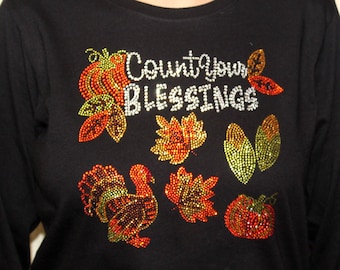 Count Your Blessing Bling Fall Theme Rhinestone Ladies Long sleeve Holiday Thanksgiving Fall Shirt Tee T-Shirt