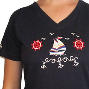 Nautical Embroidered Sailboat Ladies V-Neck T-Shirt with Hand painted Glittered Accents image 1