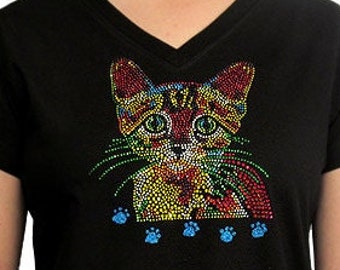 Colorful Cat Tee Rhinestone T-Shirt Cat Mom Gift