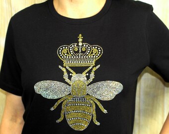 CREWNECK  Rhinestone Queen Bee Shirt, Gold Crown Crystals, Bee Shirt,  Bee Tee, Gift Shirt, Ladies Relaxed Fit Bella Shirt Bling T-Shirt