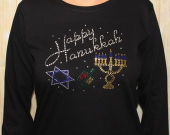 Rhinestone Happy Hanukkah Chanukah Bling Longsleeve Holiday Tee T-shirt Ladies Shirt