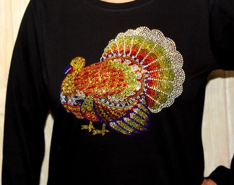 Beautiful Colorful Ornate Turkey Bling Ladies Longsleeve Holiday Thanksgiving Fall Shirt