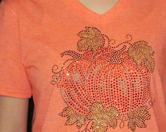 Rhinestone Pumpkin Orange Fall Unisex V-Neck Bling Ladies Shirt